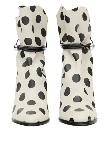 🍒Women's polka dot ankle boot white black pattern booties with ruffle top buckle decor pointed toe stiletto high heel fashion short boots  On The Spot Fine
