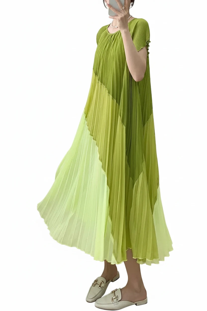 🍒Mid length dresses for women casual outfit short sleeve smart three-residence series round neck clothes fashion pleated loose waist summer wear Angle To A Diagonal