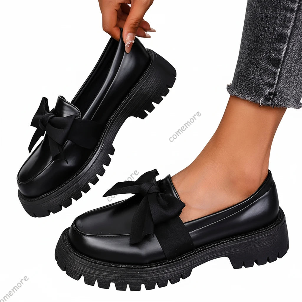 🍒Bow shoes for women's smart casual platform loafers fashion wine red patent leather footwear comfort slip on flat pumps plus size available Bob Along Bows