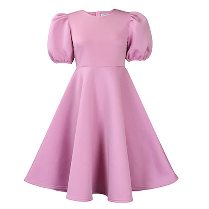 🍒Elegante rokke vir dames met O-nek, kortmoue, uitrusting vir verjaarsdagpartytjie, hoë middellyf, geplooide pofmoue, vrouemodemode, geleentheidsdrag, aandpartytjiedrag, middelkalf, luukse B'day Bopper Beauty Babe