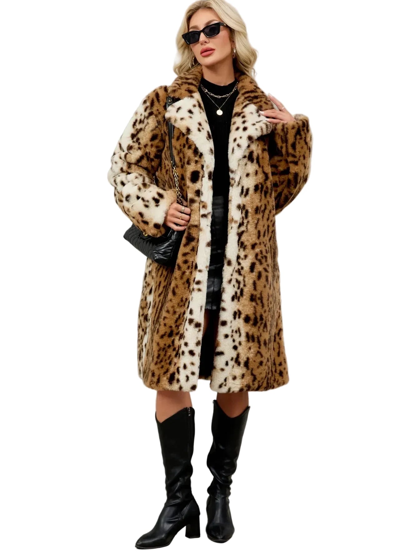 🍒Faux fur coat leopard long Jacket with lapel animal print outerwear fashion long sleeve overcoat women single breasted straight fit smart casual autumn winter wear Animate Your Style