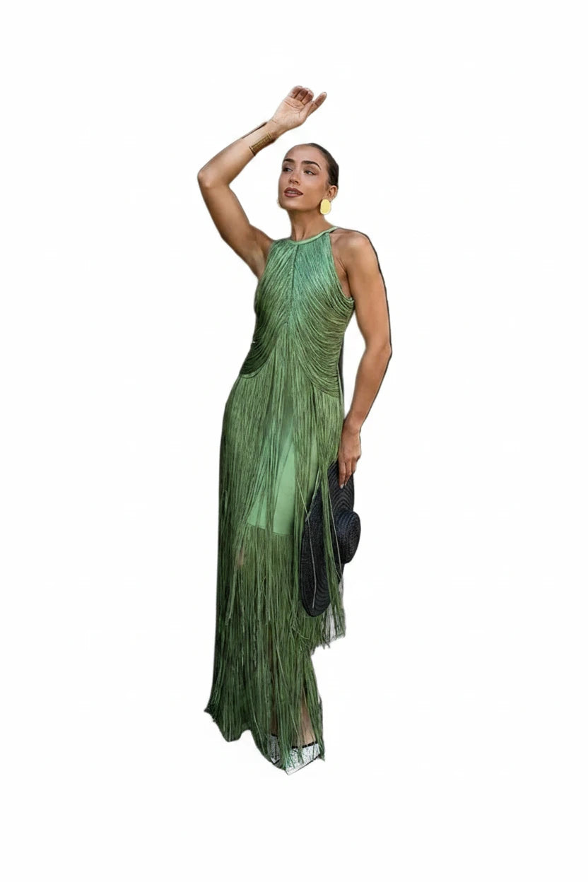 🍒Multi-layer tassel dress women's solid o-neck sleeveless cocktail dress elegant female fashion ball party outfit occasion wear club wear holiday beach party wear No Tossle Tassle