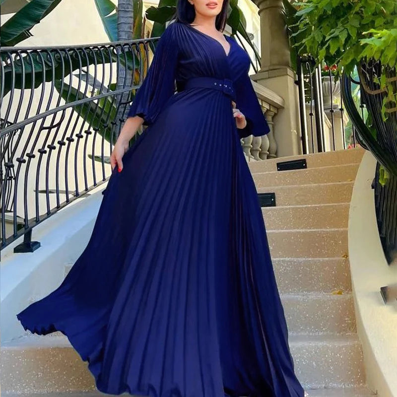 🍒 Aandete partytjie rok V-nek ontwerp geplooide vroue mode drag elegante maxi uitrusting met gordel langmou mode geleentheid drag partytjie drag Heeltemal Uitgeplooide Affêre