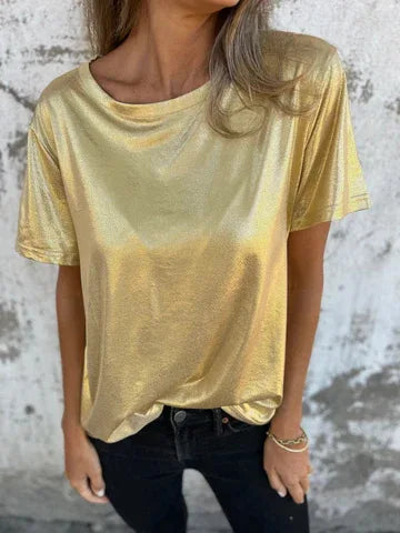 🍒Metaalagtige los top blink kortmou T-hemp dames spesiale geleentheid tops goud T-hemp o-nek mode slim gemaklike damesklere Top 'Talic Tee