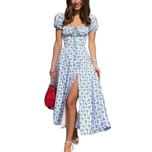 🍒Ruffle dress off shoulder summer vintage floral printed dress french women wear square neck backless outfit Slip On Relax And Take The World Off Your Shoulder