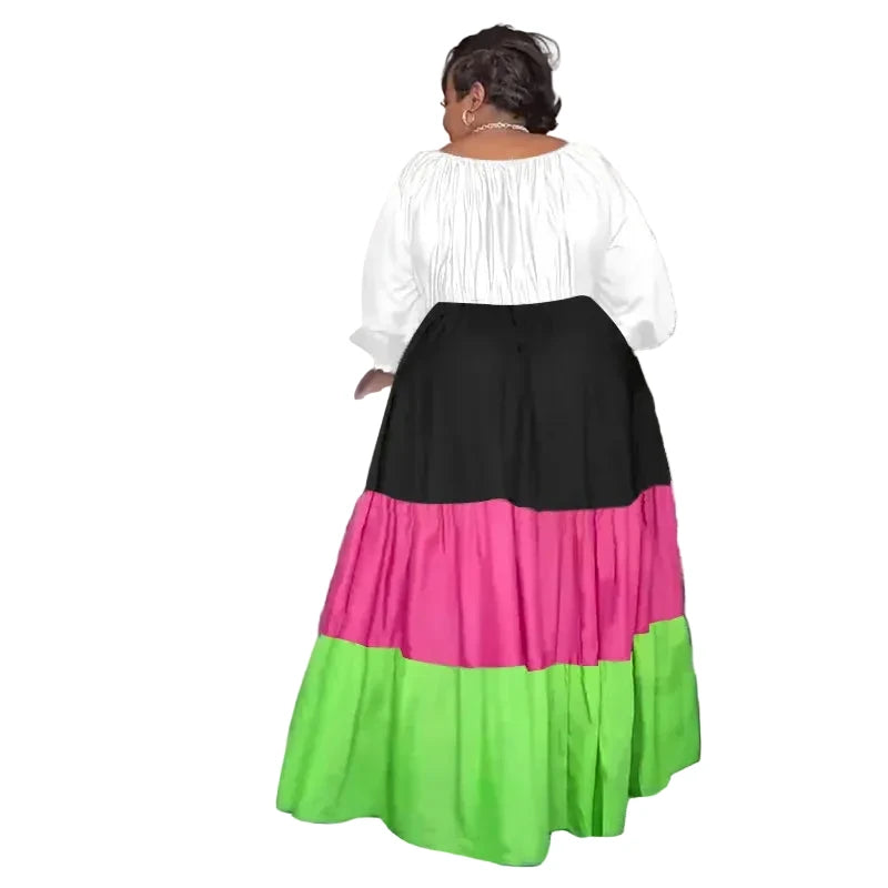 🍒Plus size womens dress colourful clothing puff sleeve maxi outfit long stleeve slash neck patchwork female casual wear Casual long dress Get Into Colour L-5XL