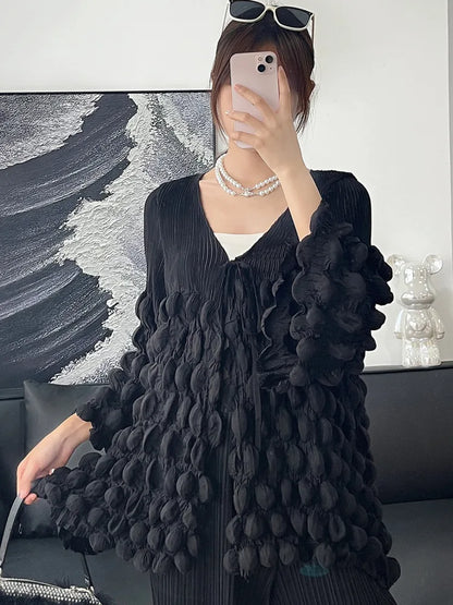 🍒泡泡袖褶皱上衣带褶皱系带上衣 V 领设计纯色宽松 T 恤时尚休闲服装 提升您的时尚品味