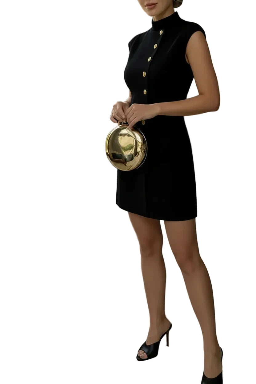 🍒Spring summer dress mini party smart casual outfit occasion wear for women button design solid clothing elegant stand collar a line dress sleeveless design