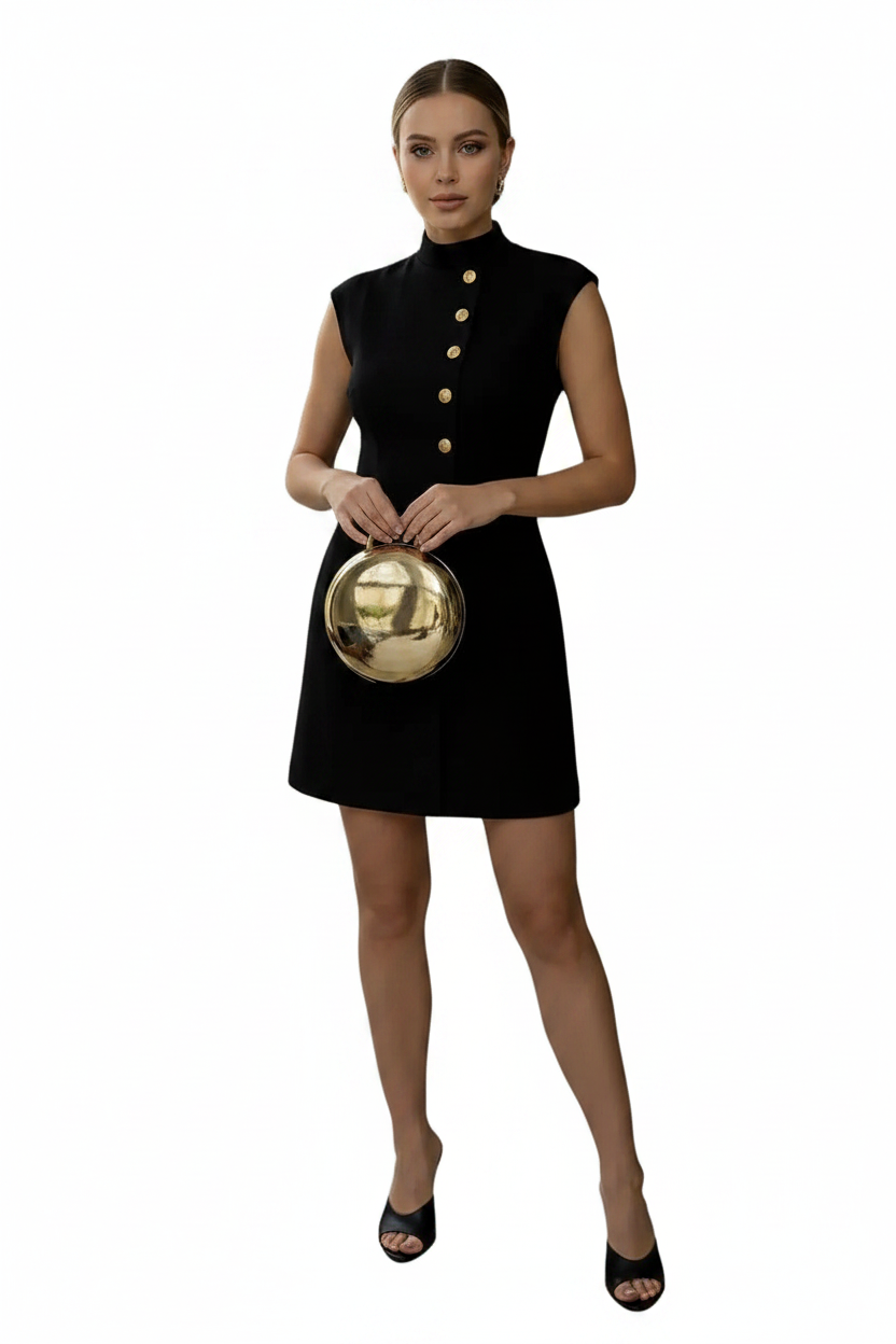 🍒Spring summer dress mini party smart casual outfit occasion wear for women button design solid clothing elegant stand collar a line dress sleeveless design