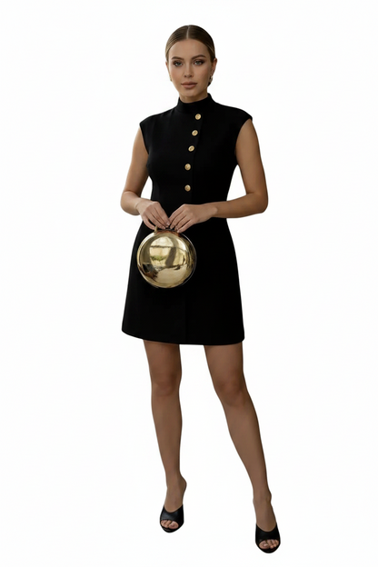 🍒Spring summer dress mini party smart casual outfit occasion wear for women button design solid clothing elegant stand collar a line dress sleeveless design