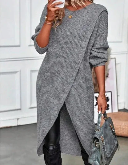 🍒Long knitted sweater women gray wool coat autumn winter  fashion warm maxi sweater dress Y2k fashion style No Spinning A Yarn This knit is Cool
