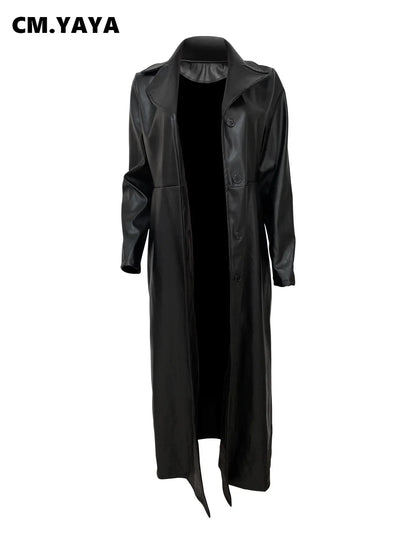 🍒Womens pu leather coat Long sleeve+trench extra long winter lapel fashion outerwear fashion work coat maxi Get A Long Look In Leather