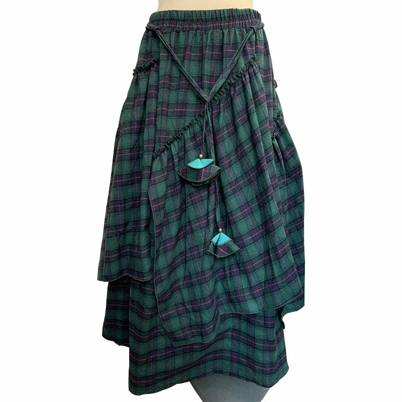 🍒Womens checked long skirt high waist long maxi tartan vintage clothing spring autumn fashion asymmetric flared skirts Get Out Green And Get Out Green