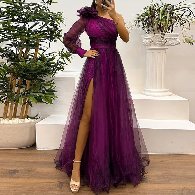 🍒High waist maxi dress Asymmetric evening dress one shoulder sleeve pleats bridesmaid outfit occasion wear party outfit Look Rosy In A Chiffon