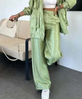 🍒Elegant casual single breasted utility coat jacket and matching pants suit women's retro loose large pocket solid colour two piece set Pocket These Pants And Jacket The Saving