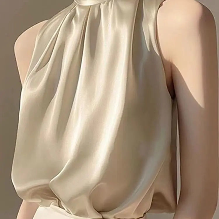 🍒无袖高领上衣 无袖女式衬衫 女士夏季服饰 时尚褶皱 百搭套头吊带衫 蓝色衬衫之美