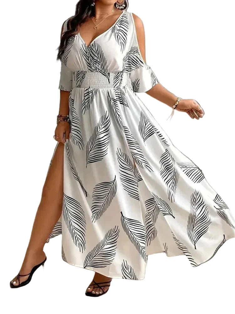 🍒Plus size cold shoulder dress printed womens casual v-neck vacation outfit beach big swing split long summer fashion wear Dont Leaf This One Out