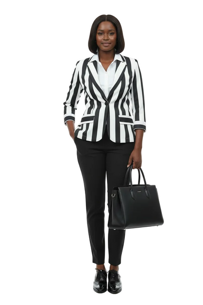 🍒Vintage striped blazer three quarter sleeve suit jacket women’s long sleeve double breasted jacket commuter smart casual outer wear plus size fashion striped clothing Stripe Lucky