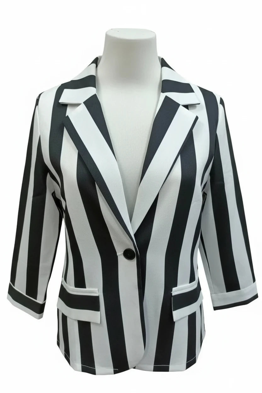🍒Vintage striped blazer three quarter sleeve suit jacket women’s long sleeve double breasted jacket commuter smart casual outer wear plus size fashion striped clothing Stripe Lucky