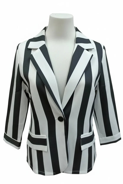 🍒Vintage striped blazer three quarter sleeve suit jacket women’s long sleeve double breasted jacket commuter smart casual outer wear plus size fashion striped clothing Stripe Lucky
