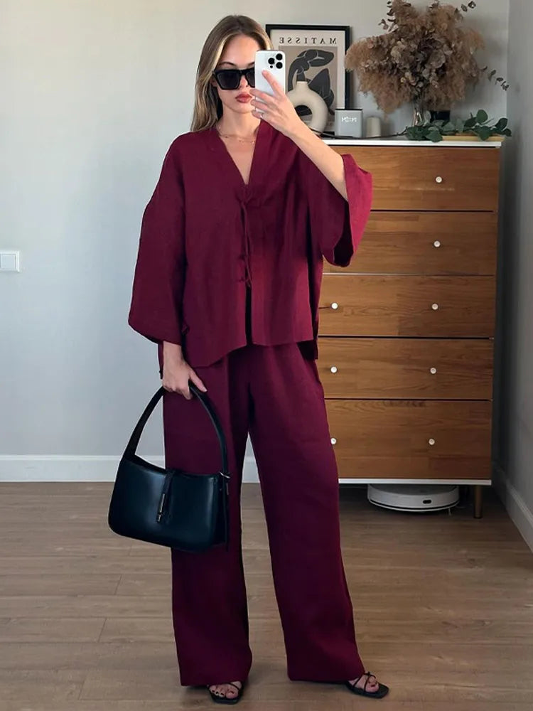 🍒Summer fashion outfits chic brown cotton linen lace up shirt suits casual v- neck long sleeves loose pants set lady Dont Get Browned Off With Uncomfy Clothes Get Some Chocholate And Relax