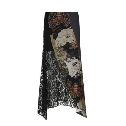 🍒Irregular floral pattern midi skirt casual high waist long skirt elasticated waist mixed media fashion clothing smart casual wear women