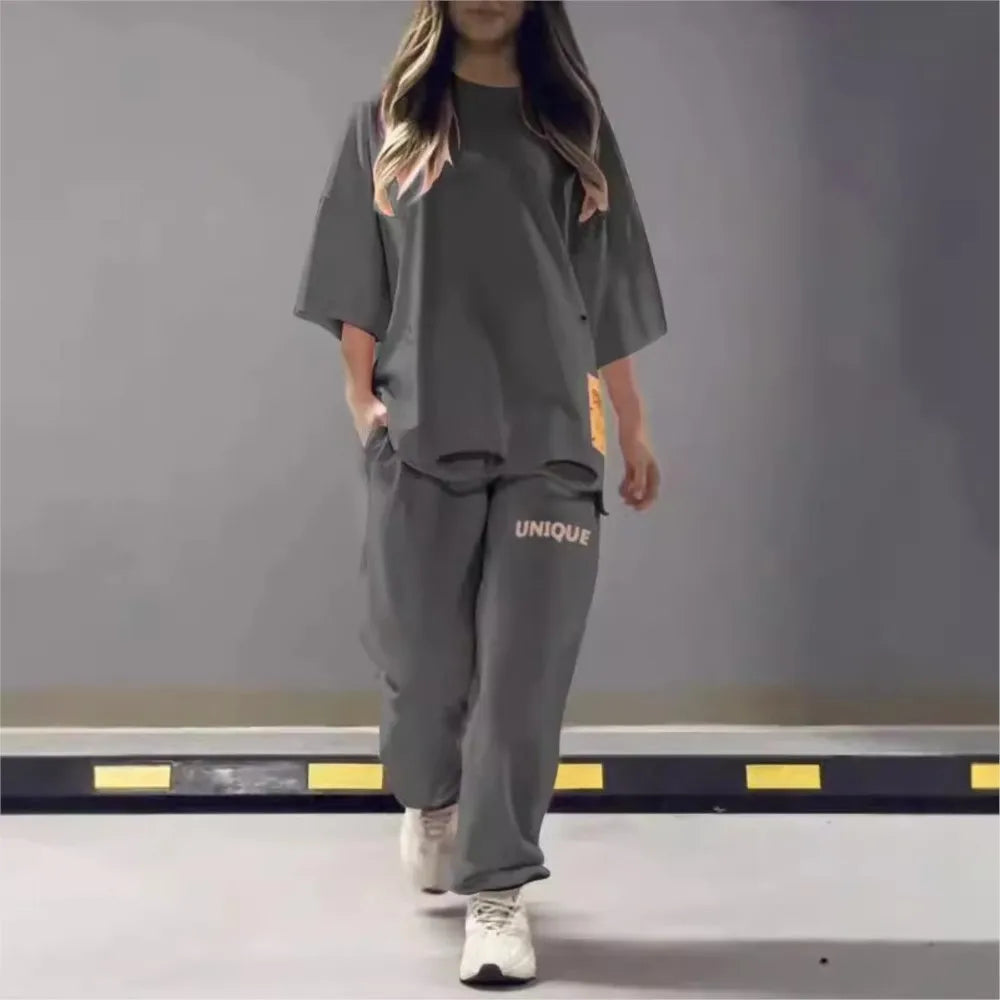 🍒Neon summer clothes fashion hollowed out o neck solid t shirt women's two piece set relaxed casual tracksuit for women with pocket pants Stand Out In Neon