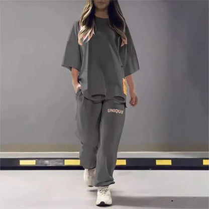 🍒Neon summer clothes fashion hollowed out o neck solid t shirt women's two piece set relaxed casual tracksuit for women with pocket pants Stand Out In Neon