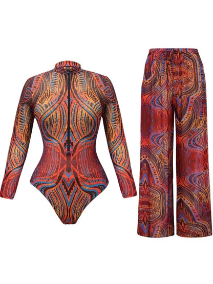 🍒Two piece set swimwear pants and swimsuit for women summer bathing suit and wide leg trouser beach cover up swimming suit set beach wear party outfit Suited For Swimming