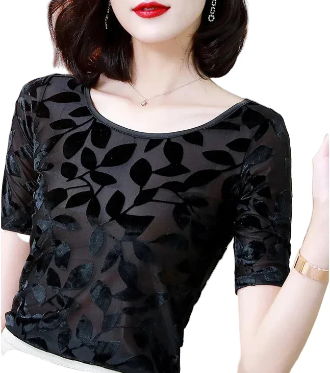 🍒Summer tops for women round neck velvet top devore t-shirt fashion flower gauze short sleeve tee smart casual clothing