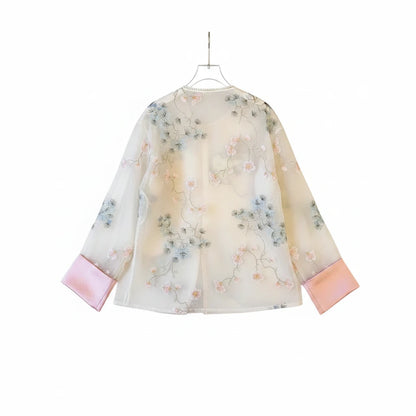 🍒Shirt jacket for women Light outer for women chinese style jacket chiffon embroidery Jacquard tie light cover up sunscreen cardigan Summer beach coverup for occasion and casual coverup See Through The Day