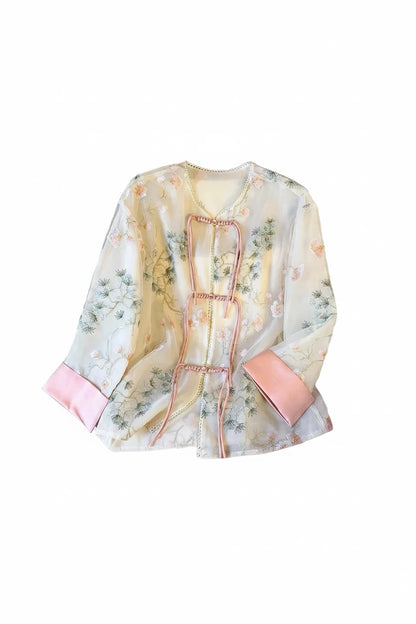 🍒Shirt jacket for women Light outer for women chinese style jacket chiffon embroidery Jacquard tie light cover up sunscreen cardigan Summer beach coverup for occasion and casual coverup See Through The Day