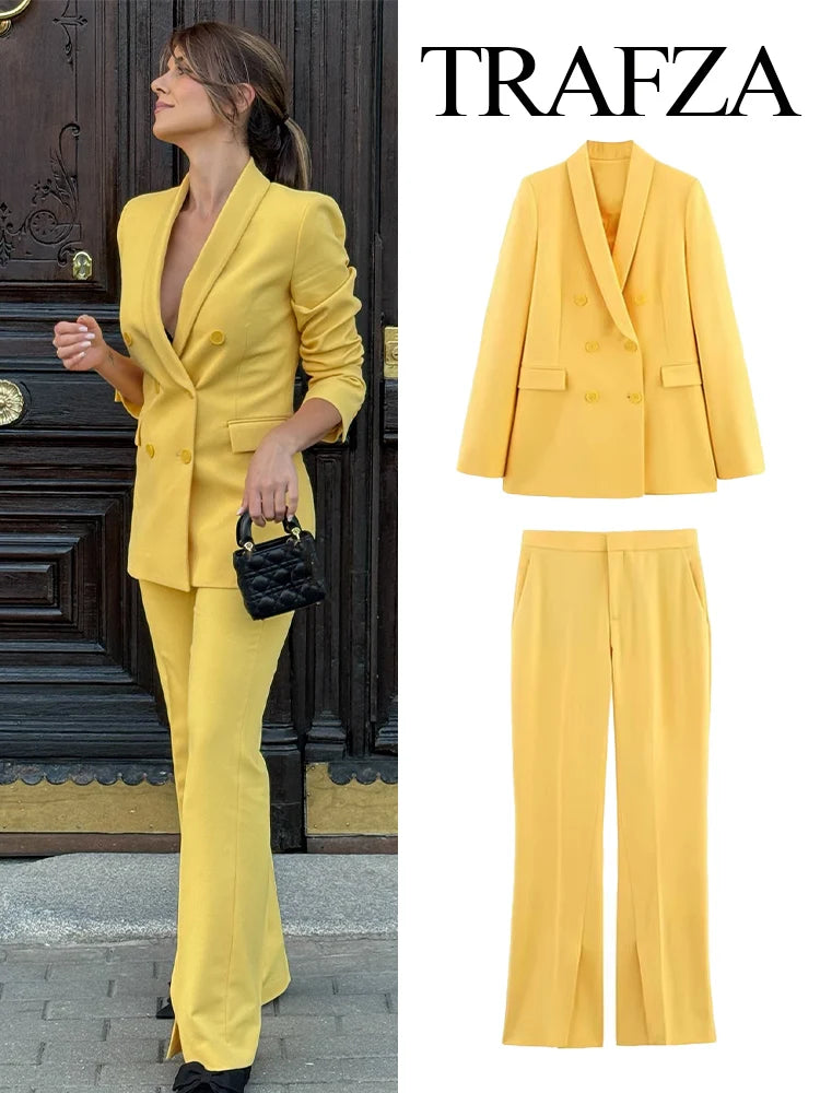 🍒Double breasted long sleeve blazer women's spring summer blazers lapel collar suit and mid waist zipper flared pants smart  casual wear YEL out and bend LOW when you get this