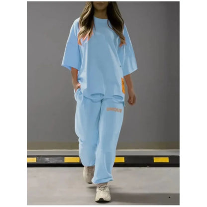 🍒Neon summer clothes fashion hollowed out o neck solid t shirt women's two piece set relaxed casual tracksuit for women with pocket pants Stand Out In Neon