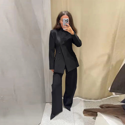 🍒Casual black blazer and pants set long sleeve jacket with fitted waist and long kick flare solid straight pant set women spring autumn suits  ‘Well fit