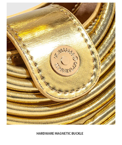 🍒Handwoven style Women's gold crossbody bag clutch handle occasion handbags smart casual strands pu material soft Texture triangle shape shoulder bag Strands Of Style