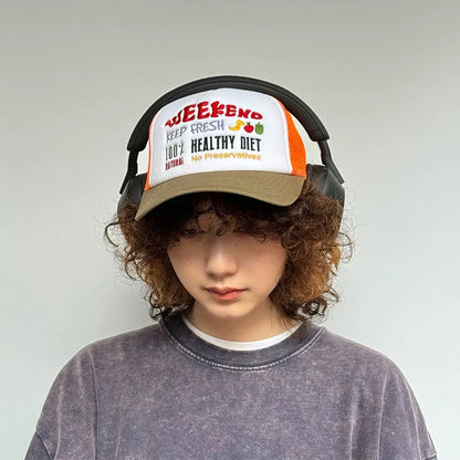 🍒Geborduurde bofbalpette met vars vrugte- en woorde-motiewe bofbalhoede unisex modieuse kleurblok-vragmotorpetjies sonbeskermende gemaklike asemende veelsydige bykomstighede