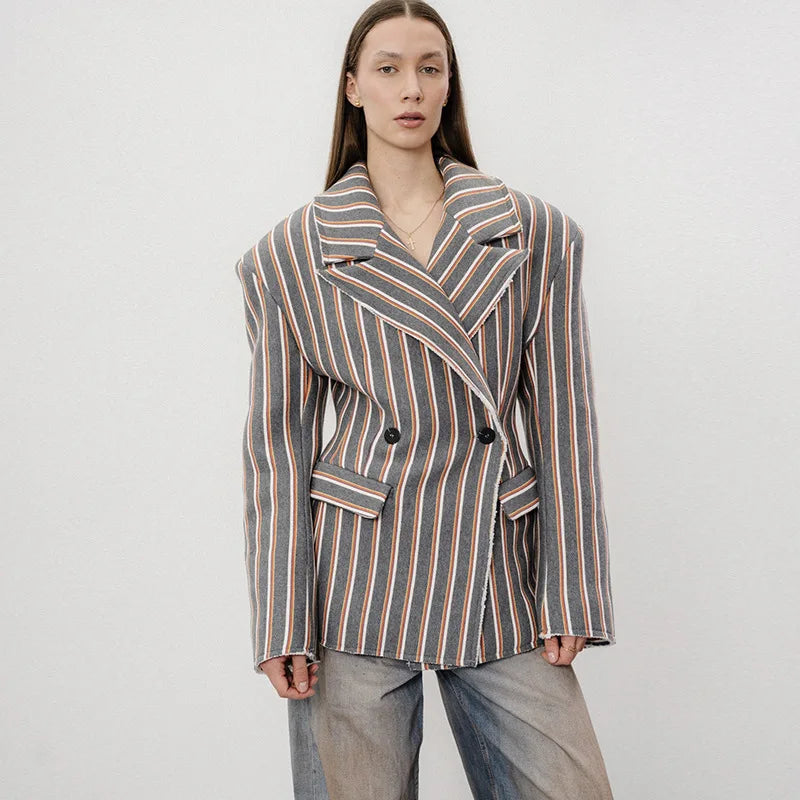 🍒Gestreepte baadjie, volmou-baadjie vir dames met gekerfde lapelkraag, dubbelbors lentejas, mode drag, kantoorklere   Look Sjokolade In Oranje