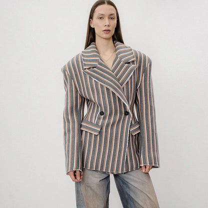 🍒Gestreepte baadjie, volmou-baadjie vir dames met gekerfde lapelkraag, dubbelbors lentejas, mode drag, kantoorklere   Look Sjokolade In Oranje