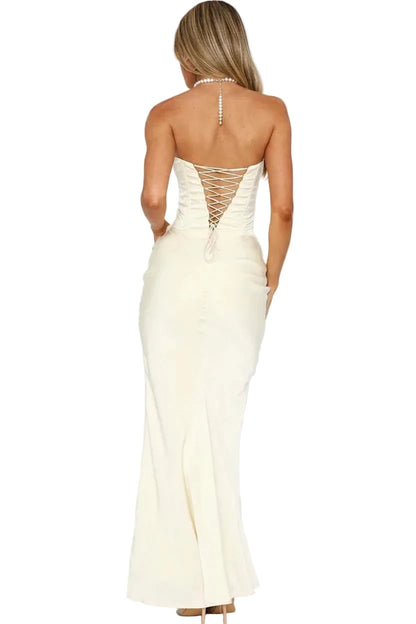 🍒Satin maxi dress womens fashion sleeveless shoulderless Lace-up back bodycon dress clubwear outfits long partywear gown feminine occasion wear Laced With Sugar