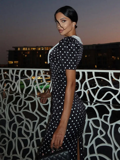 🍒Dot printed dress short sleeve womens clothing fashion wear midaxi dress outfit smart casual clothes v-neck