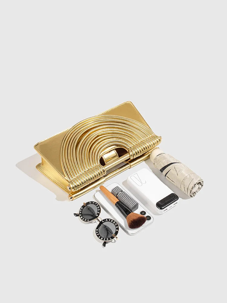 🍒Handwoven style Women's gold crossbody bag clutch handle occasion handbags smart casual strands pu material soft Texture triangle shape shoulder bag Strands Of Style