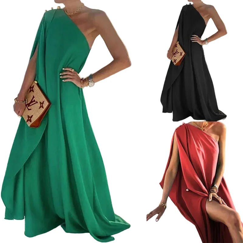 🍒One shoulder outfit plus size holiday dress floor length solid pleated loose fitting occasion wear holiday wear beach fashion women vacation party wear with scarf and side attach detail summer clothing Unleash Some Greech