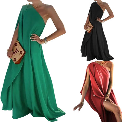 🍒One shoulder outfit plus size holiday dress floor length solid pleated loose fitting occasion wear holiday wear beach fashion women vacation party wear with scarf and side attach detail summer clothing Unleash Some Greech