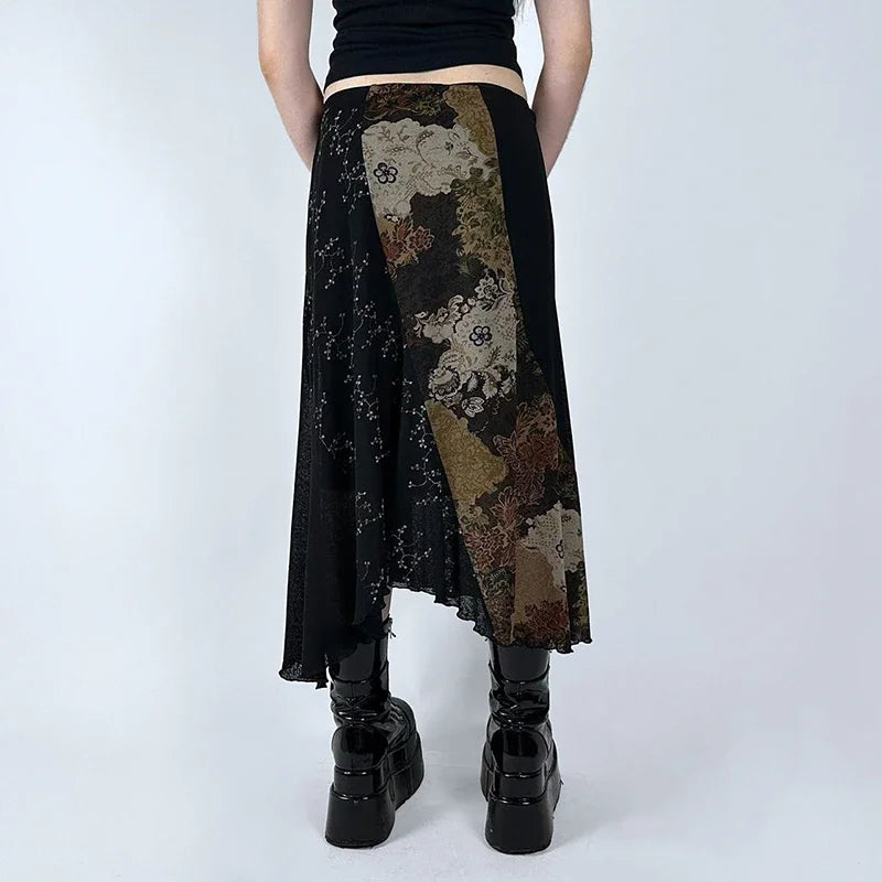 🍒Irregular floral pattern midi skirt casual high waist long skirt elasticated waist mixed media fashion clothing smart casual wear women