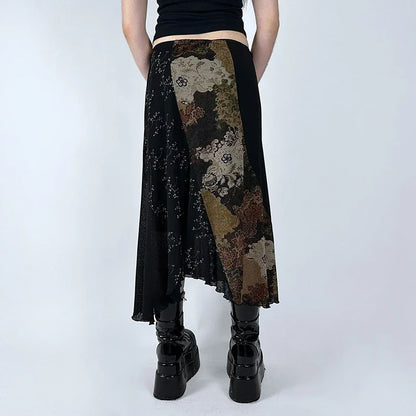 🍒Irregular floral pattern midi skirt casual high waist long skirt elasticated waist mixed media fashion clothing smart casual wear women