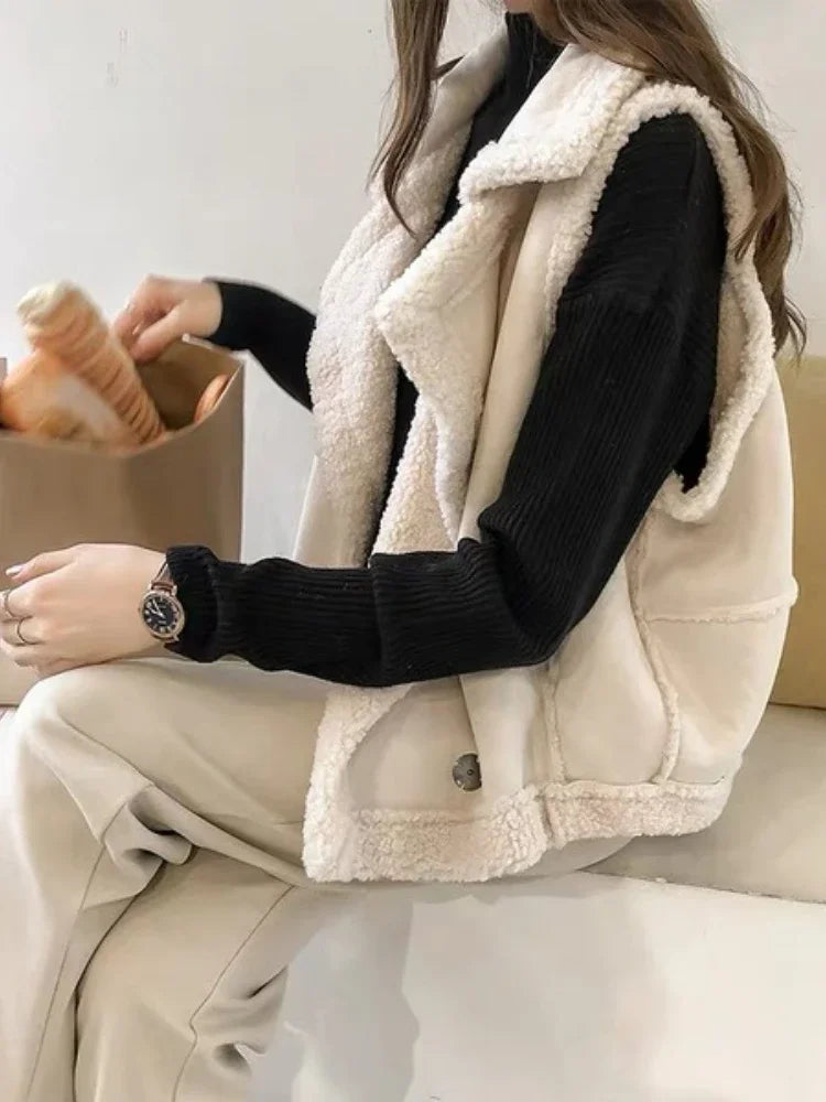 🍒Womens autumn winter waistcoat loose outerwear popular sleeveless solid jacket faux sheepskin vest for women it will be a SHEAR Delight Wearing This