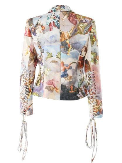 🍒Womens vintage printed blazer long sleeve button Jacket plus cross lace-up mini slim skirts sets evening wear clothing cherub classic print suit occasion party wear CROSS out boring SUITs on your list and get CLASSIC