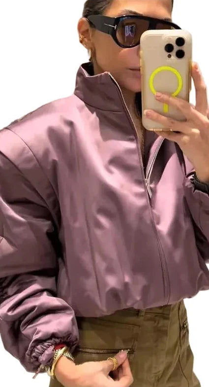 🍒Langmou-bomberbaadjie vir vroue, met ritssluiting en opstaande kraag, buiteklere kort gemaklike baadjie soliede sjiek vroulike satynklere mode Mauve Is In