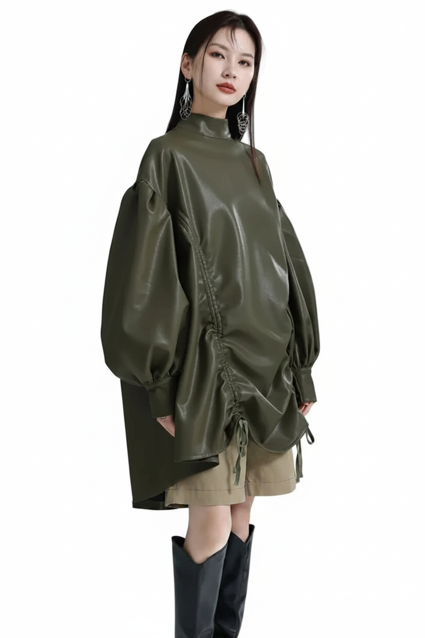 🍒Womens leather top drawstring turtle neck oversize jacket spring autumn fashion long sleeve outwear top smart casual clothing Get Looks In A Leather Look